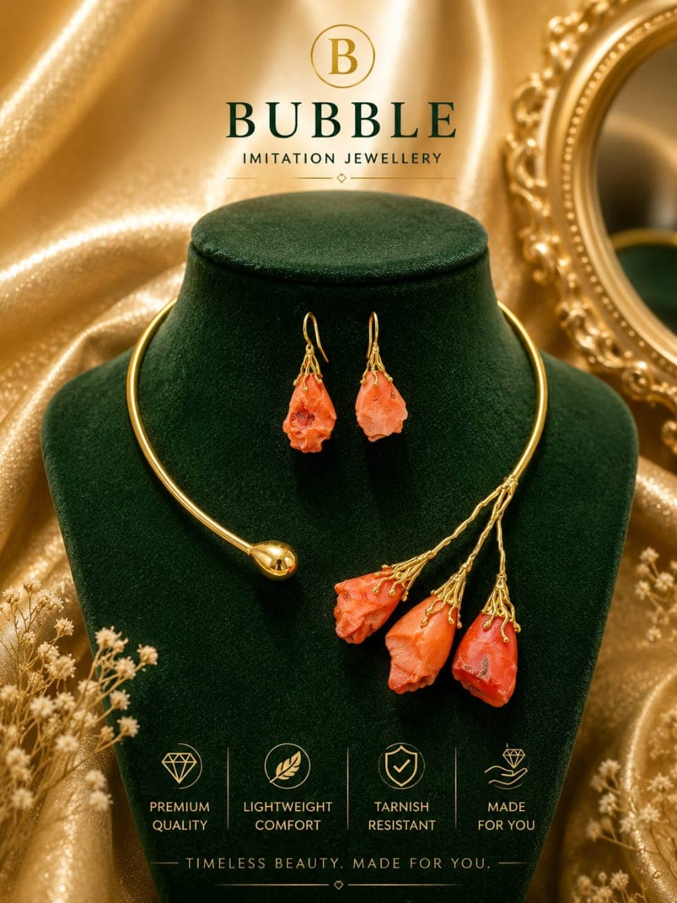 Orange Anti Tarnish Real stone Set