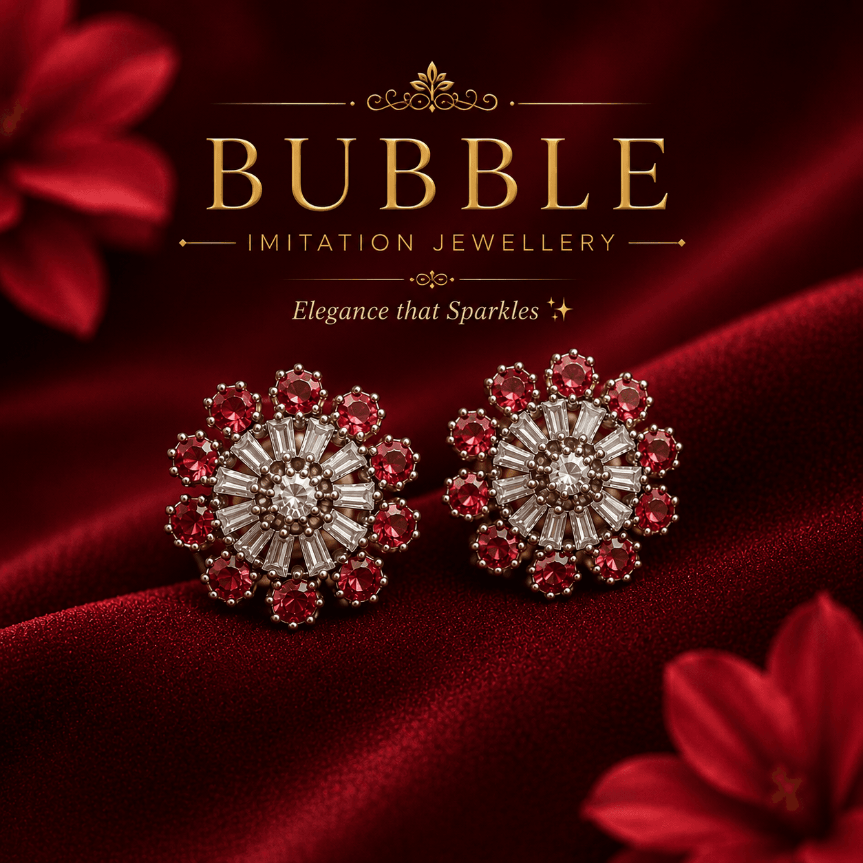 Cherry Red Flower AD Earrings 